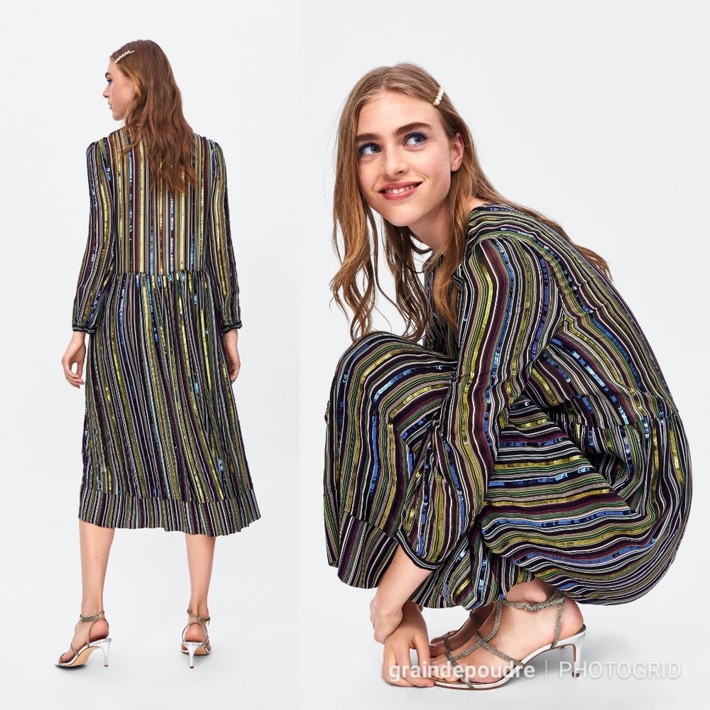 Rare! Zara Sequin Striped Empire Waist Peasant Dress L - Picture 7 of 7